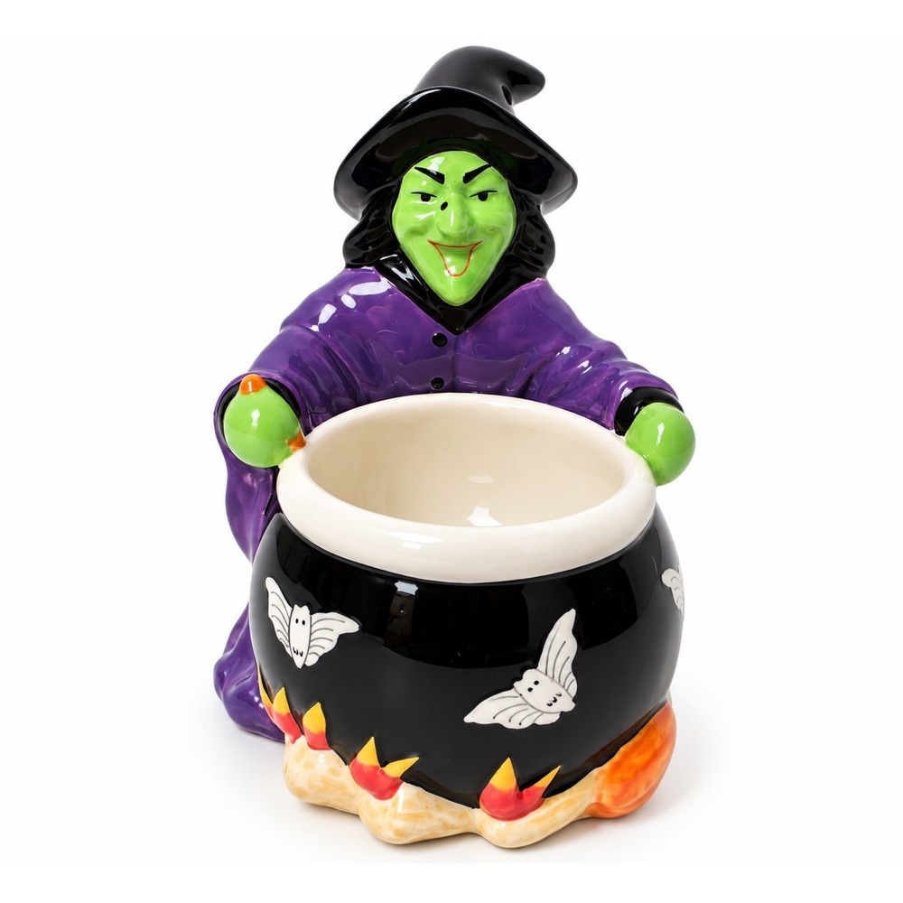Halloween Witch Cauldron Candy Dish Ceramic Bat Treat Bowl Planter Decor